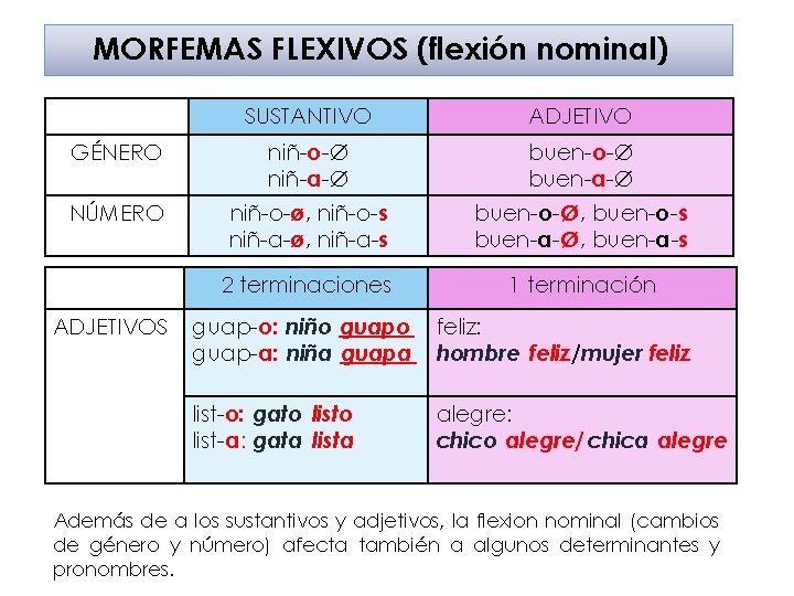 MORFEMAS FLEXIVOS (flexión nominal) SUSTANTIVO ADJETIVO GÉNERO niñ-o-Ø niñ-a-Ø buen-o-Ø buen-a-Ø NÚMERO niñ-o-ø, niñ-o-s