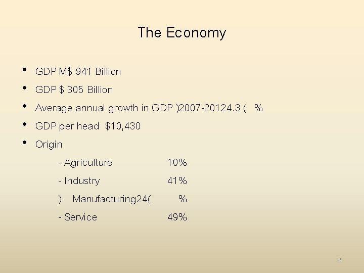 The Economy • • • GDP M$ 941 Billion GDP $ 305 Billion Average