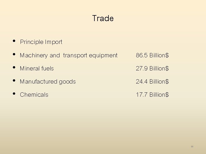 Trade • • • Principle Import Machinery and transport equipment Mineral fuels Manufactured goods