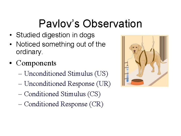 Pavlov’s Observation • Studied digestion in dogs • Noticed something out of the ordinary. Pavlov’s Observation • Studied digestion in dogs • Noticed something out of the ordinary.