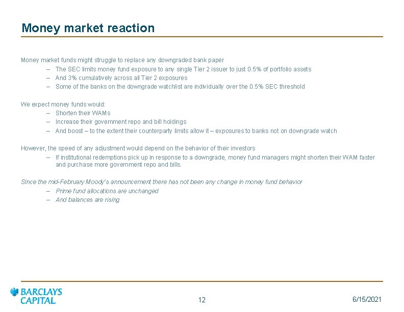 Money market reaction Money market funds might struggle to replace any downgraded bank paper