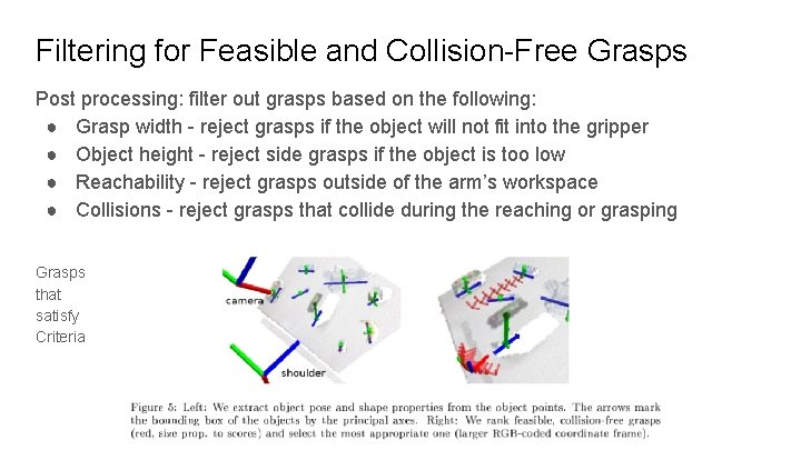 Filtering for Feasible and Collision-Free Grasps Post processing: filter out grasps based on the