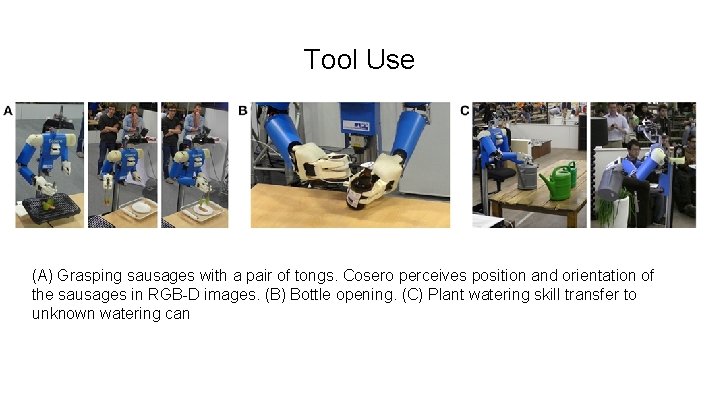 Tool Use (A) Grasping sausages with a pair of tongs. Cosero perceives position and