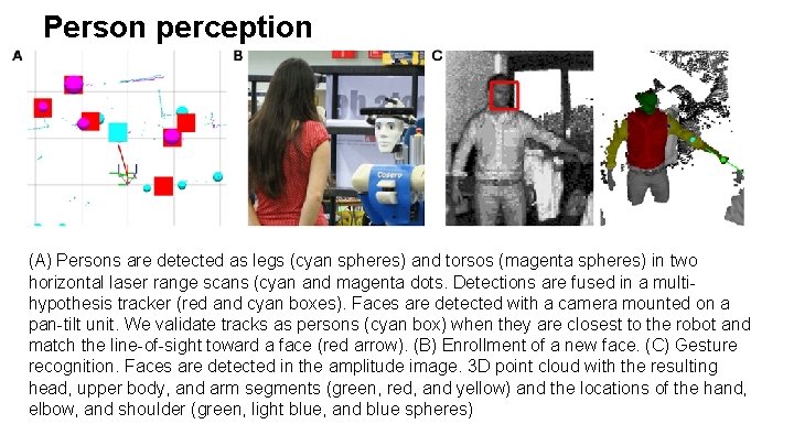 Person perception (A) Persons are detected as legs (cyan spheres) and torsos (magenta spheres)