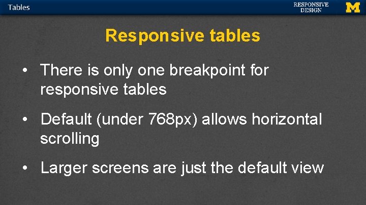 Responsive tables • There is only one breakpoint for responsive tables • Default (under