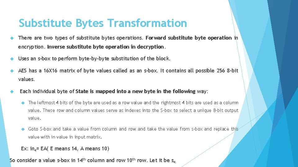 Substitute Bytes Transformation There are two types of substitute bytes operations. Forward substitute byte