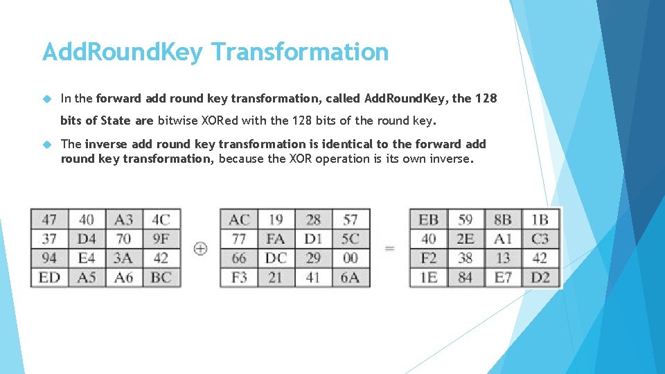 Add. Round. Key Transformation In the forward add round key transformation, called Add. Round.