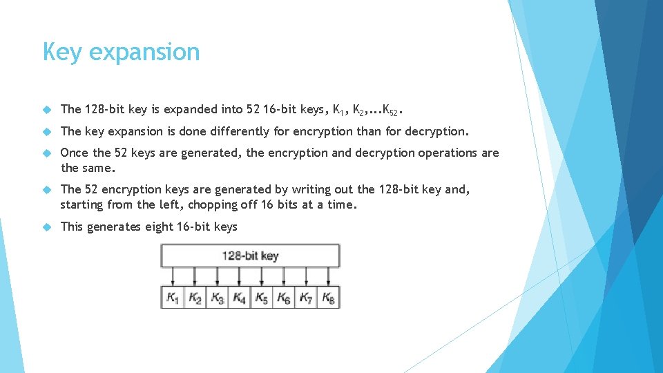 Key expansion The 128 -bit key is expanded into 52 16 -bit keys, K