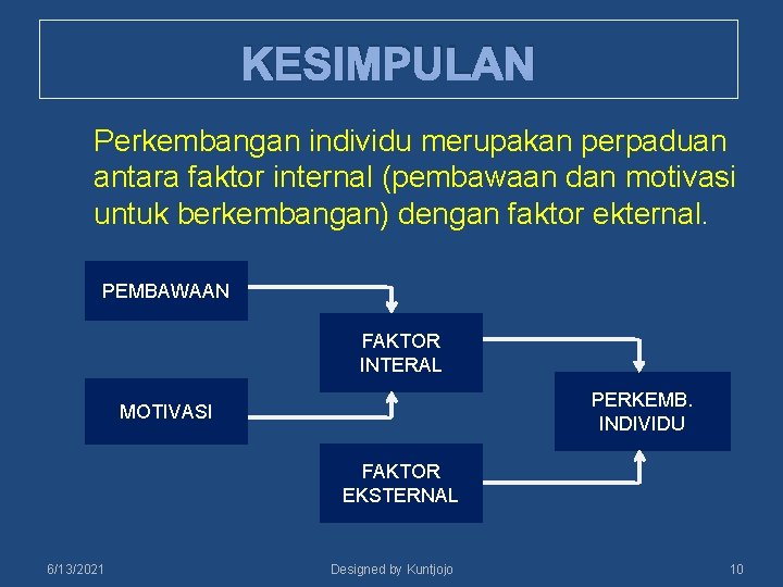 KESIMPULAN Perkembangan individu merupakan perpaduan antara faktor internal (pembawaan dan motivasi untuk berkembangan) dengan