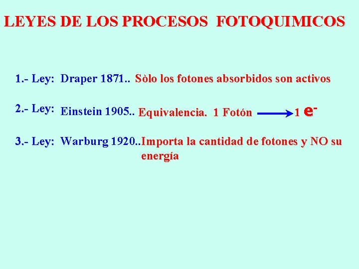 LEYES DE LOS PROCESOS FOTOQUIMICOS 1. - Ley: Draper 1871. . Sòlo los fotones