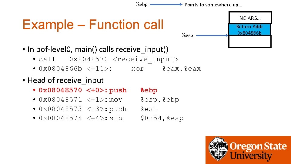 %ebp Example – Function call Points to somewhere up… NO ARG… %esp • In