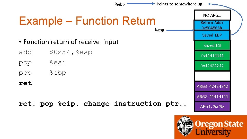 Points to somewhere up… %ebp Example – Function Return %esp • Function return of