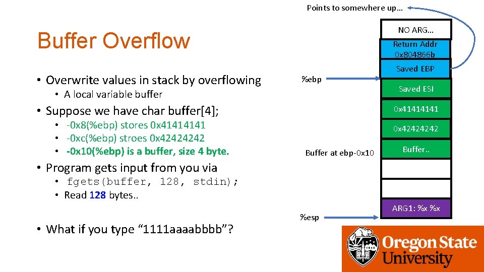 Points to somewhere up… NO ARG… Buffer Overflow • Overwrite values in stack by