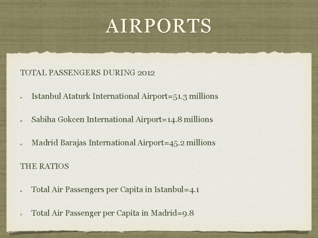 AIRPORTS TOTAL PASSENGERS DURING 2012 Istanbul Ataturk International Airport=51. 3 millions Sabiha Gokcen International