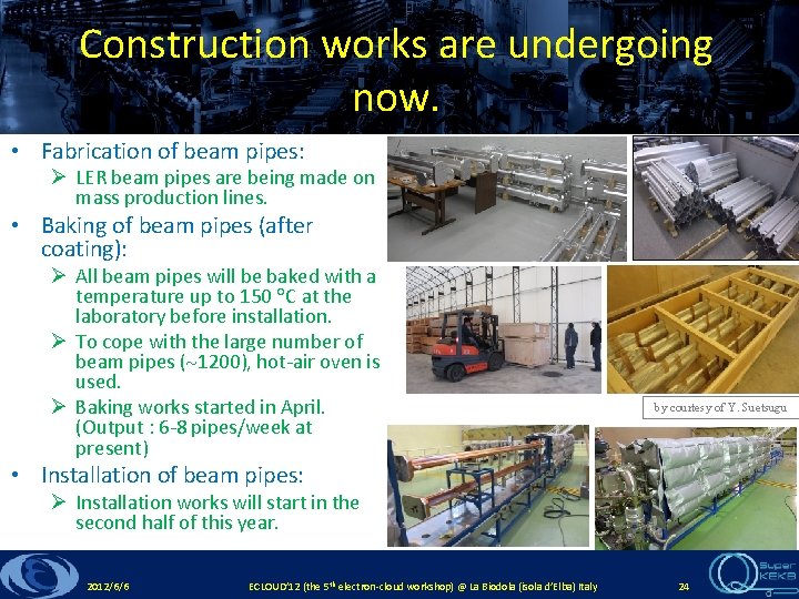 Construction works are undergoing now. • Fabrication of beam pipes: Ø LER beam pipes