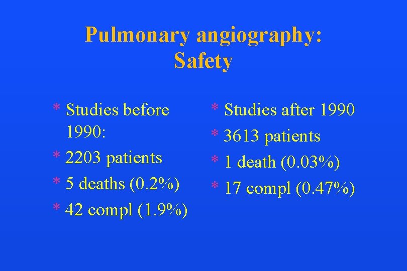 Pulmonary angiography: Safety * Studies before 1990: * 2203 patients * 5 deaths (0.