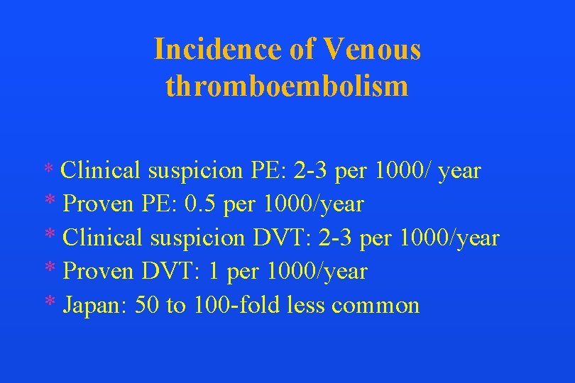 Incidence of Venous thromboembolism * Clinical suspicion PE: 2 -3 per 1000/ year *