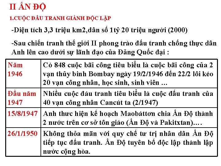 II ẤN ĐỘ 1. CUỘC ĐẤU TRANH GIÀNH ĐỘC LẬP -Diện tích 3, 3