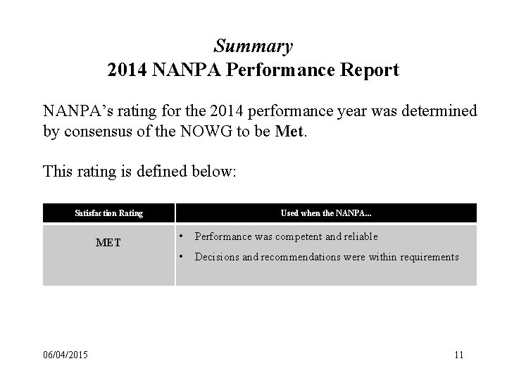 Summary 2014 NANPA Performance Report NANPA’s rating for the 2014 performance year was determined