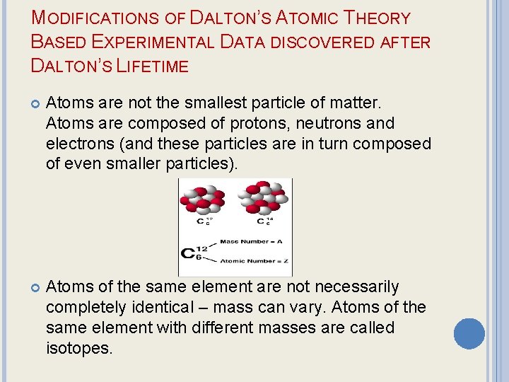 MODIFICATIONS OF DALTON’S ATOMIC THEORY BASED EXPERIMENTAL DATA DISCOVERED AFTER DALTON’S LIFETIME Atoms are