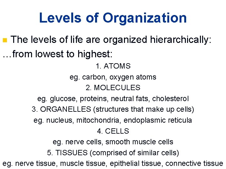 Levels of Organization The levels of life are organized hierarchically: …from lowest to highest: