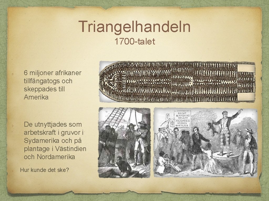 Triangelhandeln 1700 -talet 6 miljoner afrikaner tillfångatogs och skeppades till Amerika De utnyttjades som