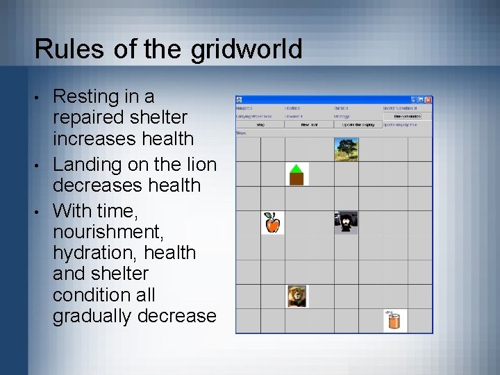 Rules of the gridworld • • • Resting in a repaired shelter increases health