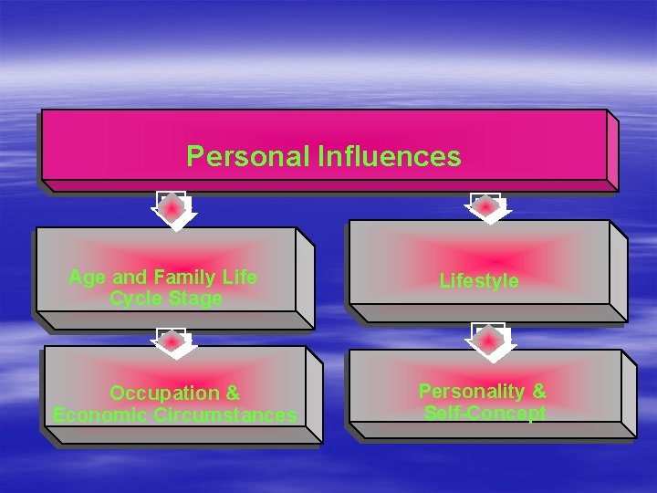 Personal Influences Age and Family Life Cycle Stage Occupation & Economic Circumstances Lifestyle Personality