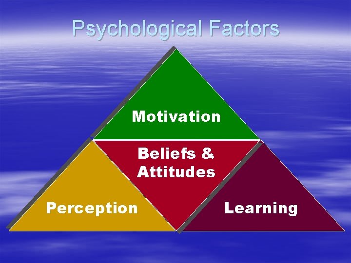 Psychological Factors Motivation Beliefs & Attitudes Perception Learning 