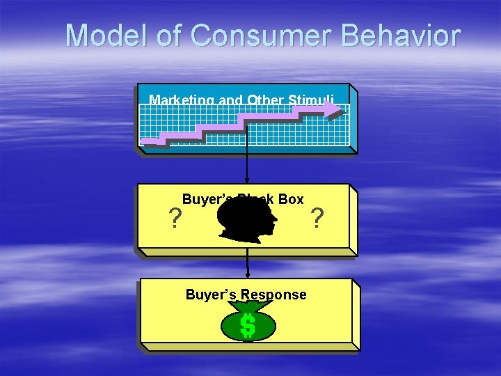 Model of Consumer Behavior Marketing and Other Stimuli Buyer’s Black Box ? Buyer’s Response