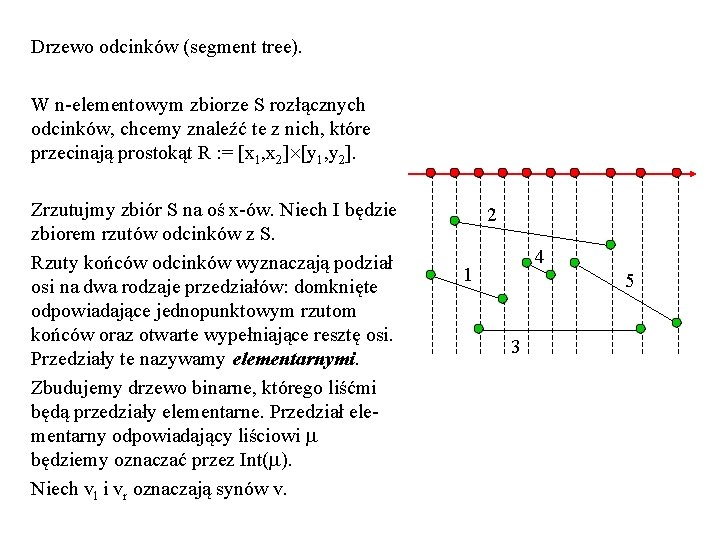 Drzewo odcinków (segment tree). W n-elementowym zbiorze S rozłącznych odcinków, chcemy znaleźć te z