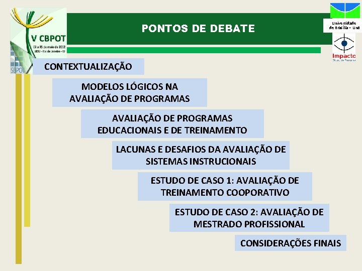 PONTOS DE DEBATE Universidade de Brasília – Un. B CONTEXTUALIZAÇÃO MODELOS LÓGICOS NA AVALIAÇÃO