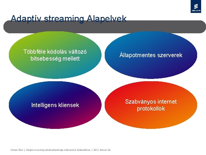 Adaptív streaming Alapelvek Többféle kódolás változó bitsebesség mellett Állapotmentes szerverek Intelligens kliensek Szabványos internet