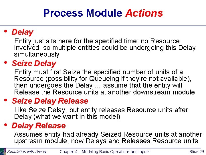 Process Module Actions • • Delay Entity just sits here for the specified time;