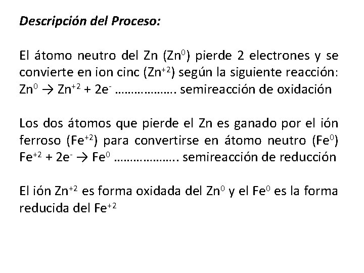 Descripción del Proceso: El átomo neutro del Zn (Zn 0) pierde 2 electrones y