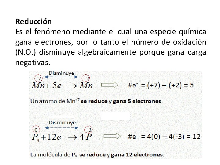 Reducción Es el fenómeno mediante el cual una especie química gana electrones, por lo