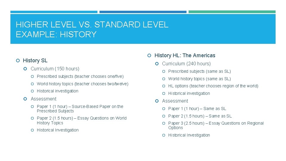 HIGHER LEVEL VS. STANDARD LEVEL EXAMPLE: HISTORY History SL Curriculum (150 hours) Prescribed subjects