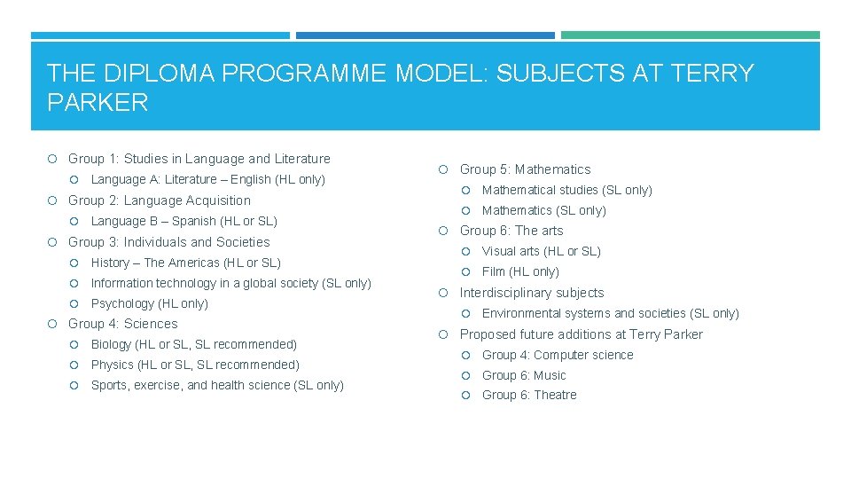 THE DIPLOMA PROGRAMME MODEL: SUBJECTS AT TERRY PARKER Group 1: Studies in Language and