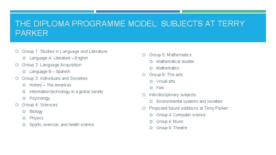 THE DIPLOMA PROGRAMME MODEL: SUBJECTS AT TERRY PARKER Group 1: Studies in Language and