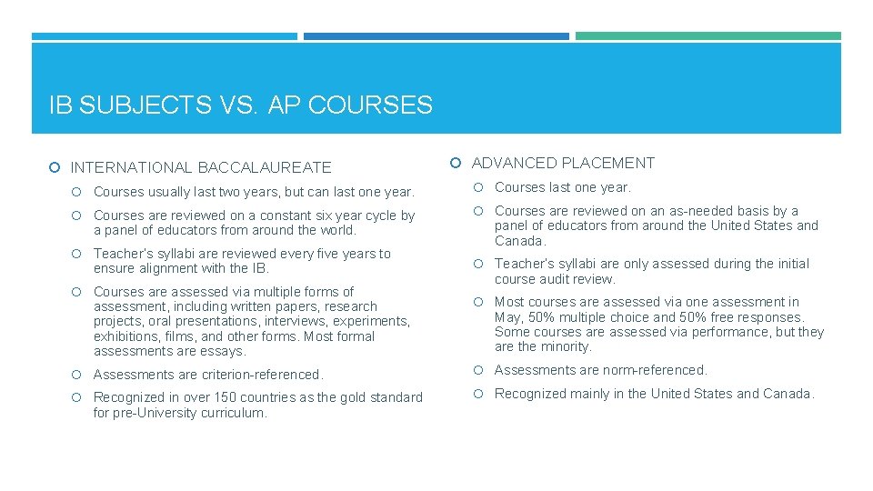 IB SUBJECTS VS. AP COURSES INTERNATIONAL BACCALAUREATE ADVANCED PLACEMENT Courses usually last two years,