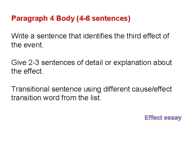 Paragraph 4 Body (4 -6 sentences) Write a sentence that identifies the third effect