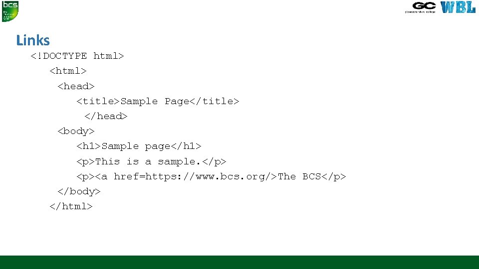 Links <!DOCTYPE html> <head> <title>Sample Page</title> </head> <body> <h 1>Sample page</h 1> <p>This is Links <!DOCTYPE html> <head> <title>Sample Page</title> </head> <body> <h 1>Sample page</h 1> <p>This is