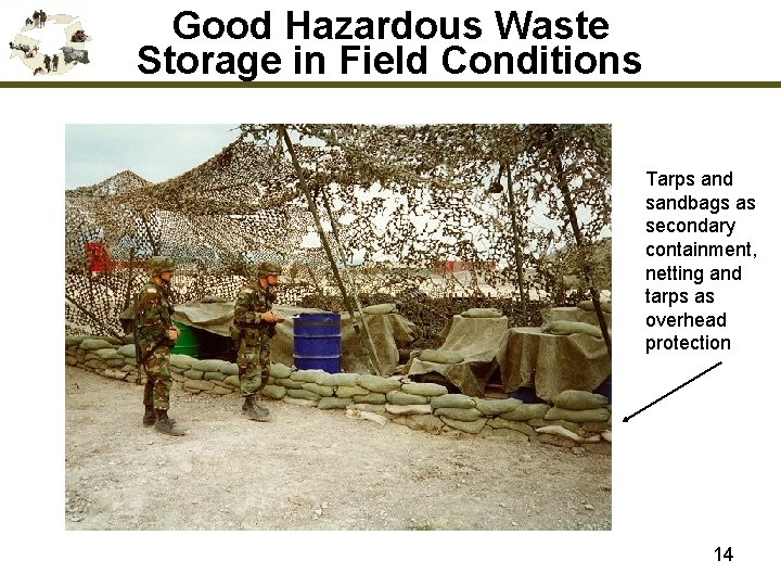 Good Hazardous Waste Storage in Field Conditions Tarps and sandbags as secondary containment, netting