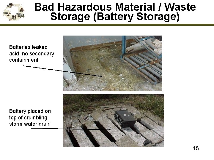 Bad Hazardous Material / Waste Storage (Battery Storage) Batteries leaked acid, no secondary containment