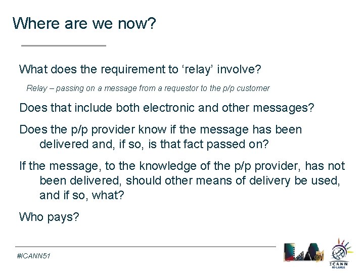 Where are we now? Text What does the requirement to ‘relay’ involve? Relay –