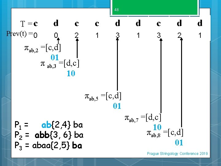 48 T =c d c c d d Prev(t) = 0 0 2 1