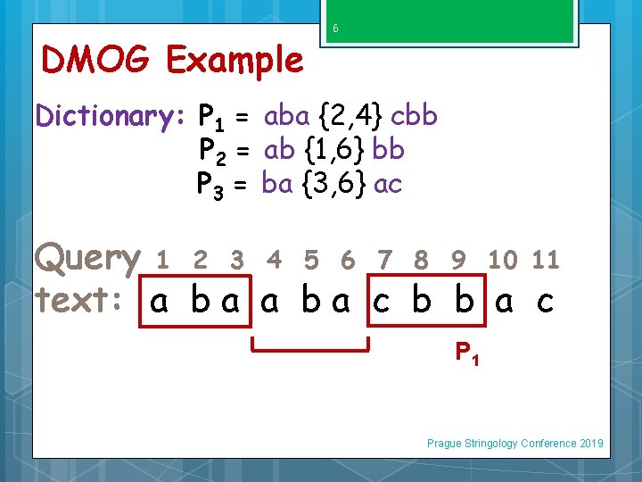 DMOG Example 6 Dictionary: P 1 = aba {2, 4} cbb P 2 =