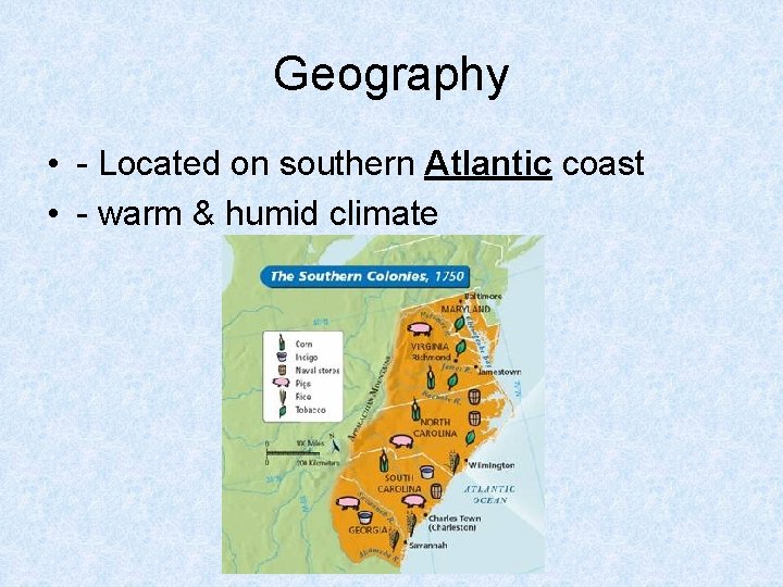 Geography • - Located on southern Atlantic coast • - warm & humid climate