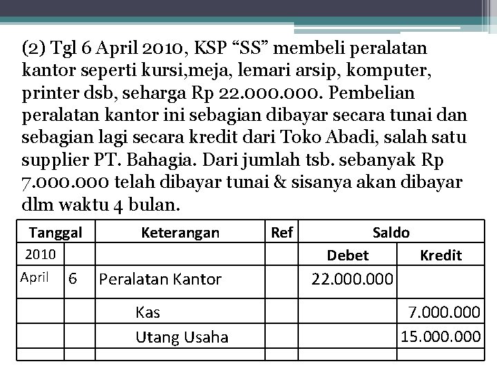 (2) Tgl 6 April 2010, KSP “SS” membeli peralatan kantor seperti kursi, meja, lemari