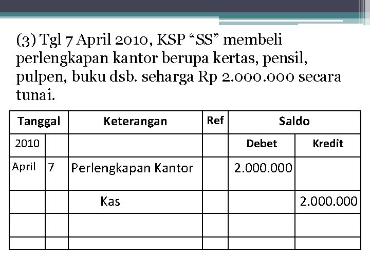 (3) Tgl 7 April 2010, KSP “SS” membeli perlengkapan kantor berupa kertas, pensil, pulpen,